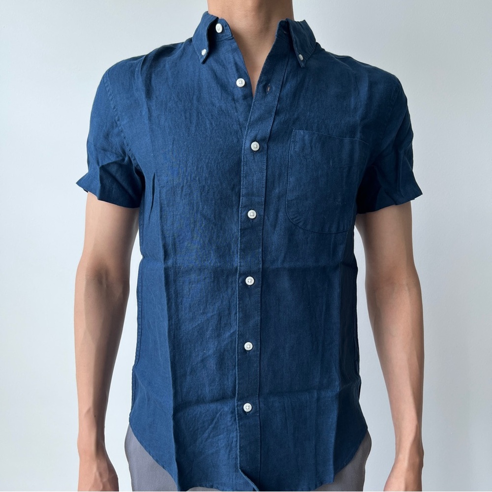 Men's J.Crew Slim Fit Dress Button Down Shirt Irish Linen Navy Blue Size S